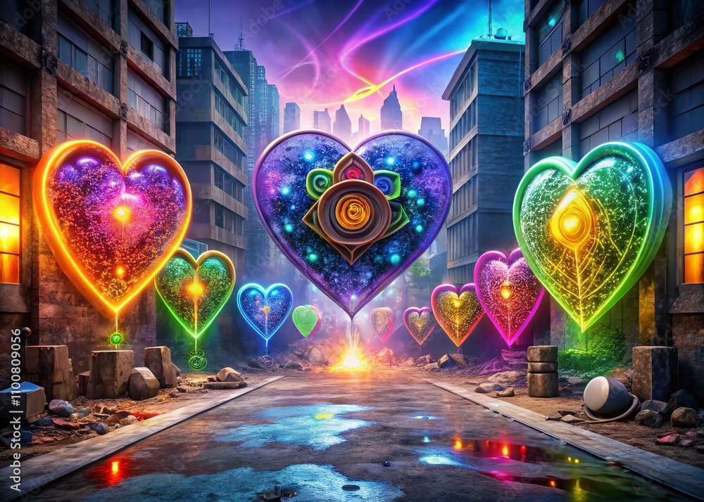 Poster vibrant 3d render of chakra hearts surrounded by urban exploration elements, capturing the essence o