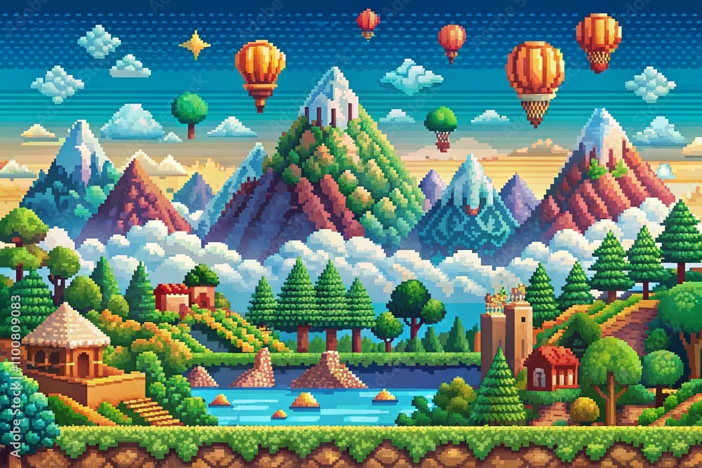 Poster vibrant 8-bit arcade landscape scene featuring retro game elements and pixel art aesthetic for a uni