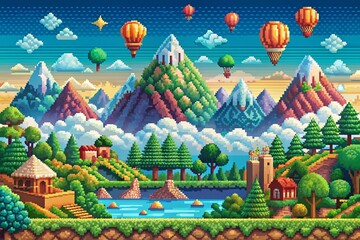 Naklejka premium Vibrant 8-Bit Arcade Landscape Scene Featuring Retro Game Elements and Pixel Art Aesthetic for a Unique Gaming Experience