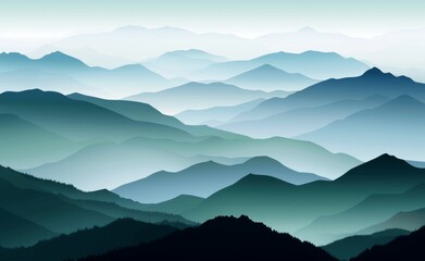 Panoramic Silhouette of Misty Blue and Green Mountain Landscape