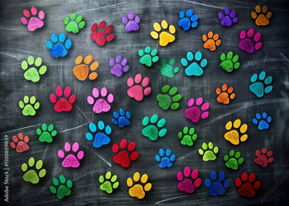 Poster vibrant and colorful paw prints displayed on a dark textured blackboard surface with creative compos