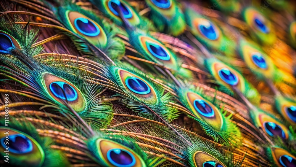 Poster vibrant and colorful peacock feathers showcasing intricate patterns and textures with shallow depth 