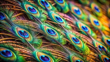 Obraz premium Vibrant and Colorful Peacock Feathers Showcasing Intricate Patterns and Textures with Shallow Depth of Field for Artistic and Nature Photography Lovers