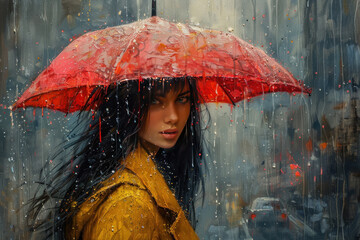 female figure with an umbrella on a city street, oil painting,.   