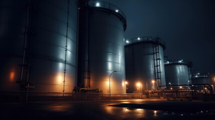 Obraz premium huge oil refinery tank at night, ominous, detailed, dark, Generative AI