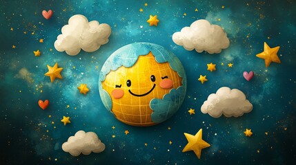 A joyful retro-themed cartoon poster depicting a happy anthropomorphic planet Earth surrounded by small floating stars, hearts, and clouds, promoting an inspiring and eco-friendly message