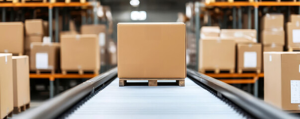 Naklejka premium Boxes move along a conveyor belt in a warehouse