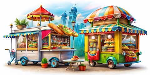 Obraz premium Vibrant Cartoon Fast Food Cart Collection Featuring Ice Cream, Burgers, Hot Dogs, and Coffee Stalls on a White Background for Street Food Enthusiasts and Culinary Projects