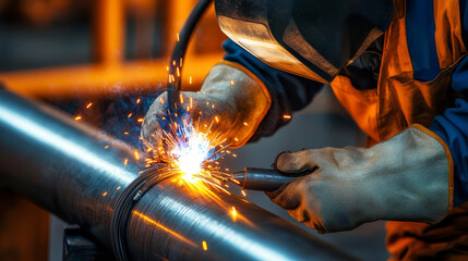 Closeup of gloved hands welding metal pipes, intense glow from the weld illuminating the scene, metal industry, safety gear