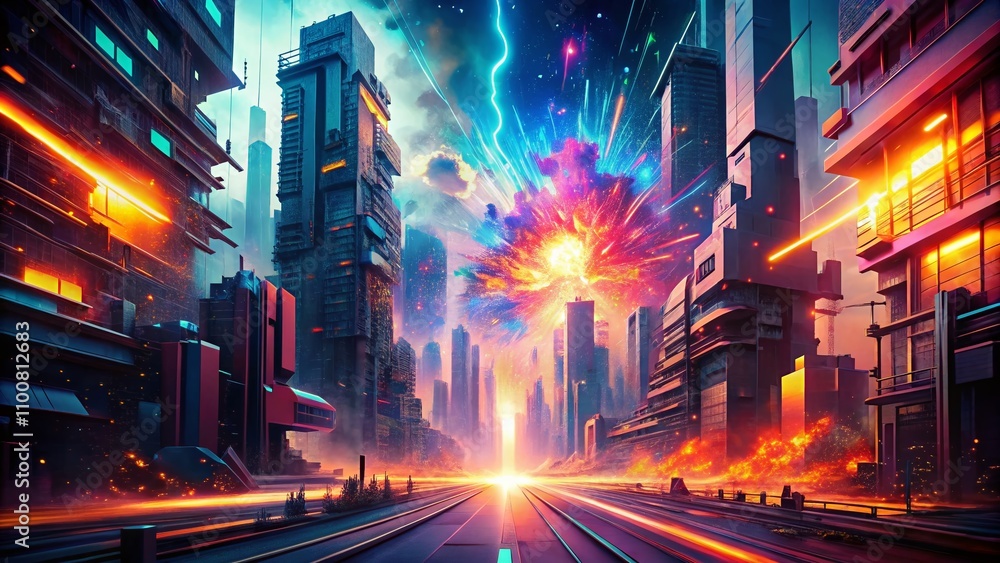Aufkleber vibrant cyberpunk explosion in urban setting, showcasing futuristic neon lights and dynamic energy w