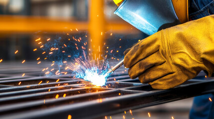 Closeup of a welder s gloved hand adjusting a welding torch on a metal frame, with sparks flying in the background, metal fabrication, protective equipment