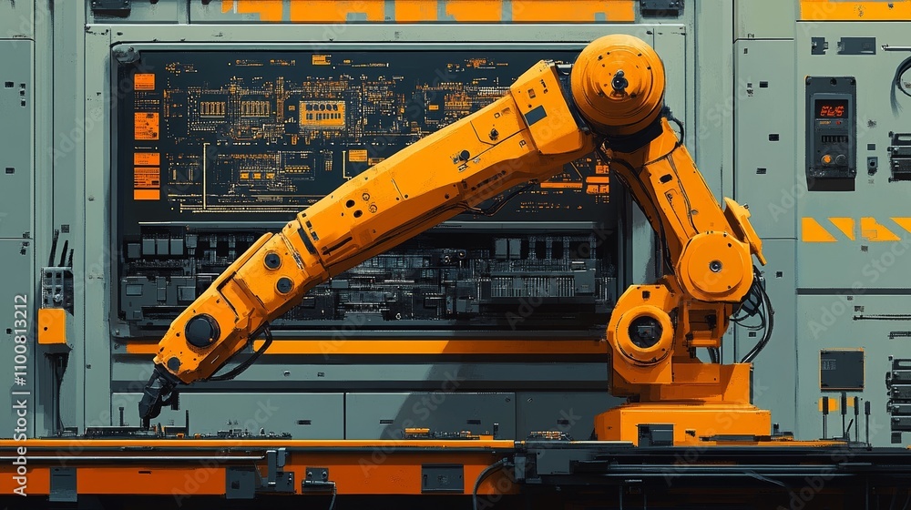Poster a yellow robotic arm is processing circuit boards and electronic components on the production line o