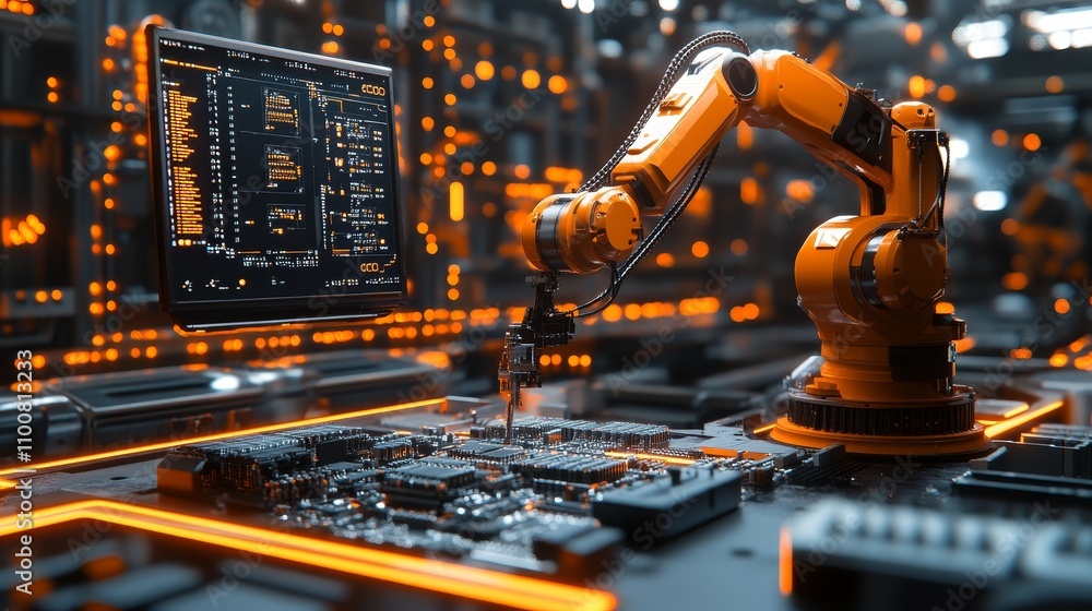 Poster a yellow robotic arm is processing circuit boards and electronic components on the production line o