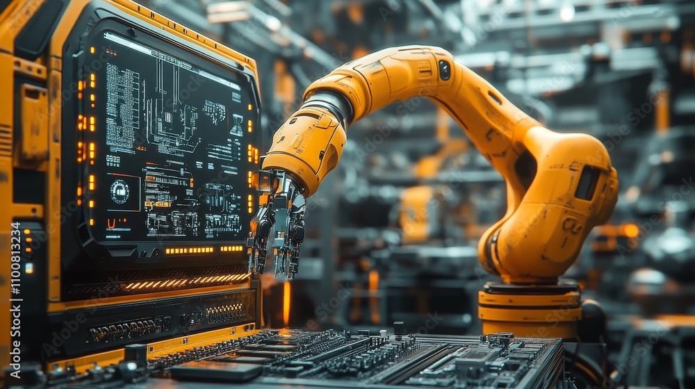 Poster a yellow robotic arm is processing circuit boards and electronic components on the production line o