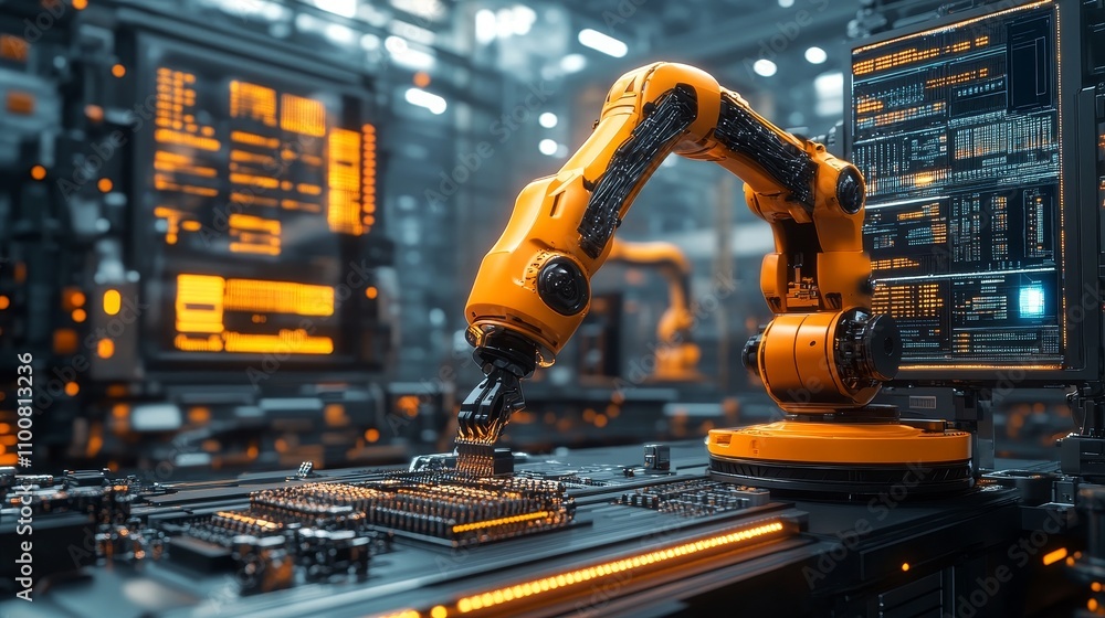 Poster a yellow robotic arm is processing circuit boards and electronic components on the production line o