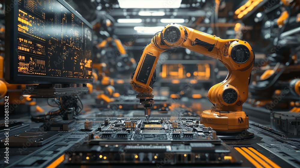 Poster a yellow robotic arm is processing circuit boards and electronic components on the production line o