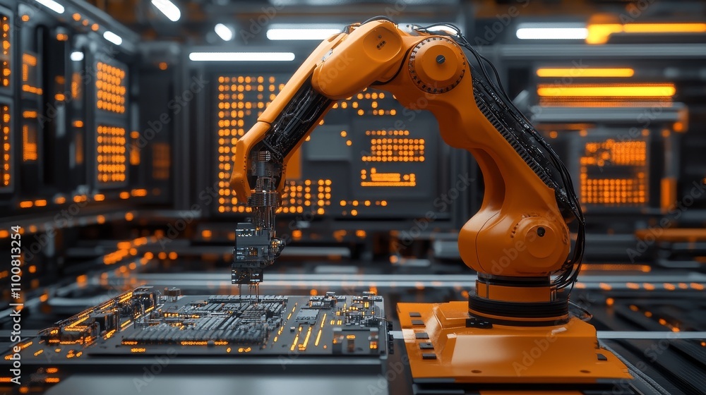 Poster a yellow robotic arm is processing circuit boards and electronic components on the production line o
