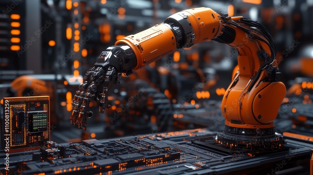 Poster a yellow robotic arm is processing circuit boards and electronic components on the production line o