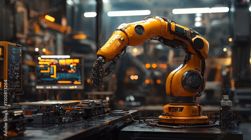 Poster a yellow robotic arm is processing circuit boards and electronic components on the production line o