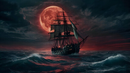 Ghost Ship Sailing Through Rough Waters Under Ghost Ship Sailing Through Rough Waters Under Blood Moon in Spooky Seascape background, 4k Wallpaper, Spooky Background, Eerie, Wall Art, 
