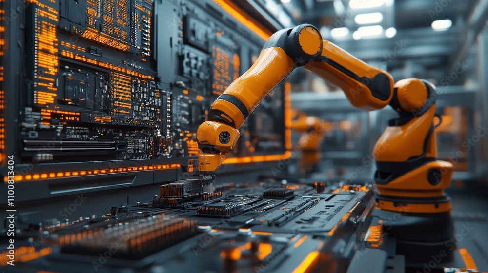 Poster a yellow robotic arm is processing circuit boards and electronic components on the production line o