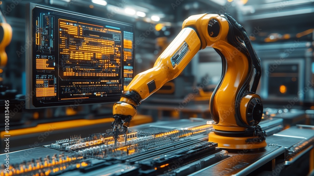 Poster a yellow robotic arm is processing circuit boards and electronic components on the production line o