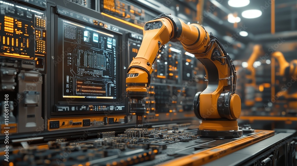 Poster a yellow robotic arm is processing circuit boards and electronic components on the production line o