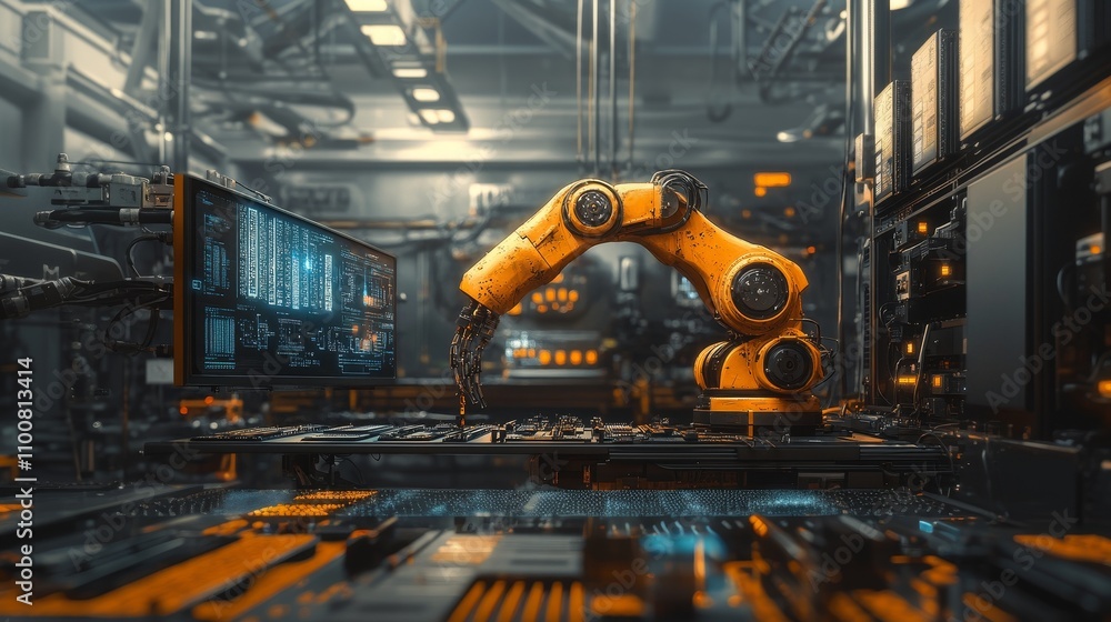 Poster a yellow robotic arm is processing circuit boards and electronic components on the production line o