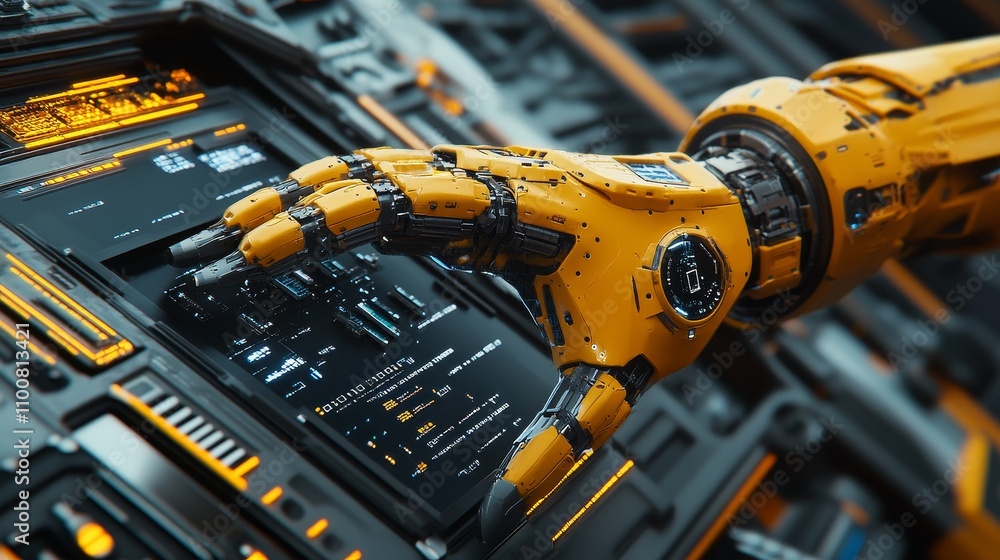 Poster a yellow robotic arm is processing circuit boards and electronic components on the production line o