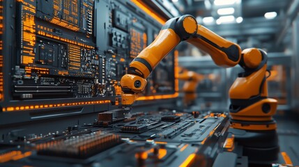 Fototapeta premium A yellow robotic arm is processing circuit boards and electronic components on the production line of an industrial factory, creating a futuristic scene with a dark gray background and orange lights.