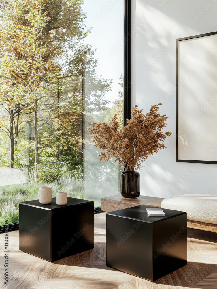 Poster creating a modern architectural interior mockup with floating geometric black tables and natural tex