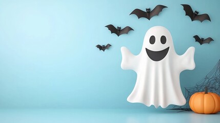 Obraz premium Playful glowing ghost with bats and cobwebs for a spooky halloween atmosphere