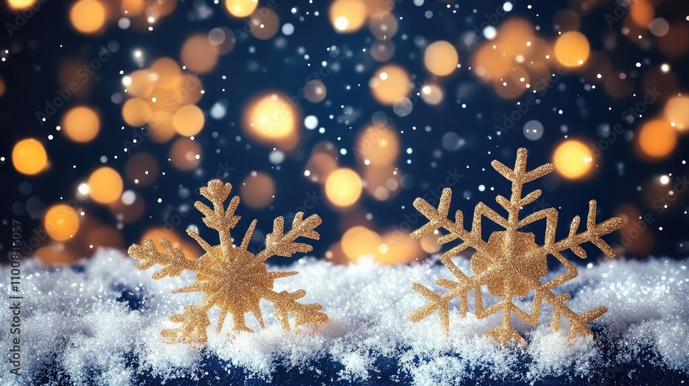 Poster delicate golden snowflakes rest gently on a blanket of soft snow, creating a magical winter wonderla