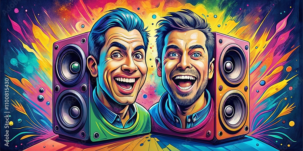Poster vibrant ink cartoon speakers in dynamic portrait style showcasing unique character expressions and e