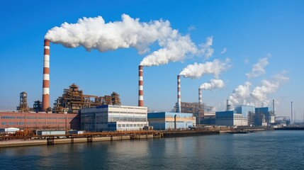 Industrial smokestacks emitting steam against clear blue sky over water showcasing energy production facilities and processes