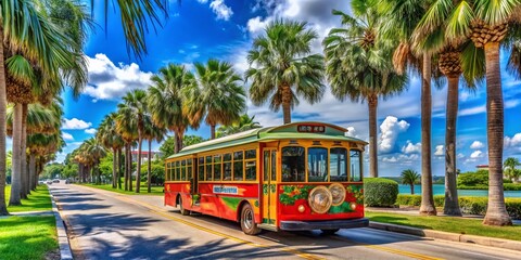 Obraz premium Vibrant Jolley Trolley Bus Nestled Among Lush Palm Trees in Dunedin, Florida, Showcasing the Scenic Beauty of the Gulf Coast with a Relaxing Coastal Vibe and Bright Sunshine