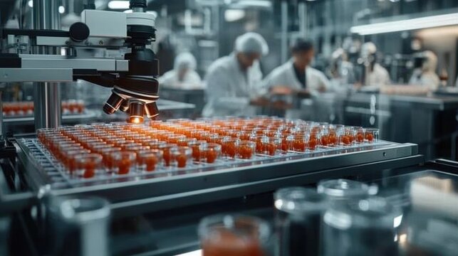 Advanced invitro drug testing setup featuring cultured human cells in a high-tech laboratory environment