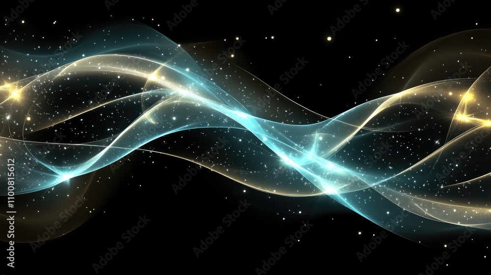 Poster graceful waves of translucent light in hues of blue and gold flow effortlessly against a dark backdr