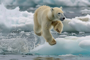Naklejka premium polar bear jumps from ice floe to ice floe,. 