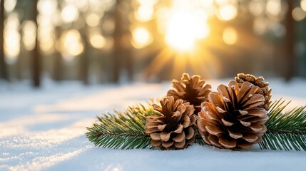 Obraz premium Festive joy creating a merry christmas atmosphere with pine needles and pinecones surrounded by nature's beauty