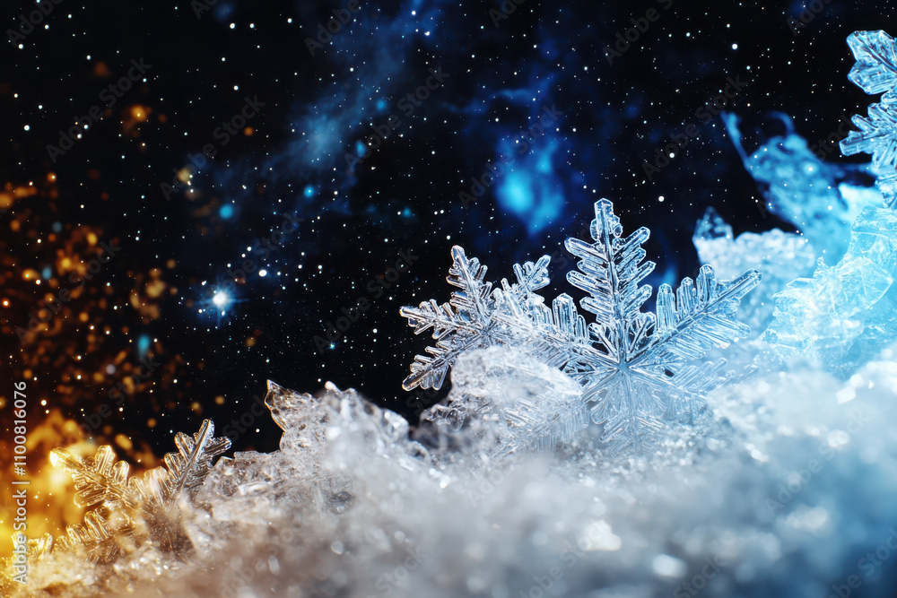 Poster captivating frosted snowflake jewels in deep space stellar background visual art cosmic environment 
