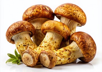 Vibrant Matsutake Mushrooms Isolated on White Background for Health Care Onboarding and Culinary Use, Showcasing Unique Textures and Colors of this Edible Fungi Variety