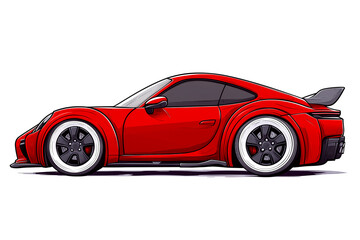 Fototapeta premium A cartoon car with a red body and white wheels. The car is parked on a white background