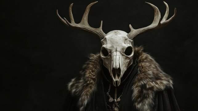 Dark fantasy figure wearing deer skull mask and fur cloak.