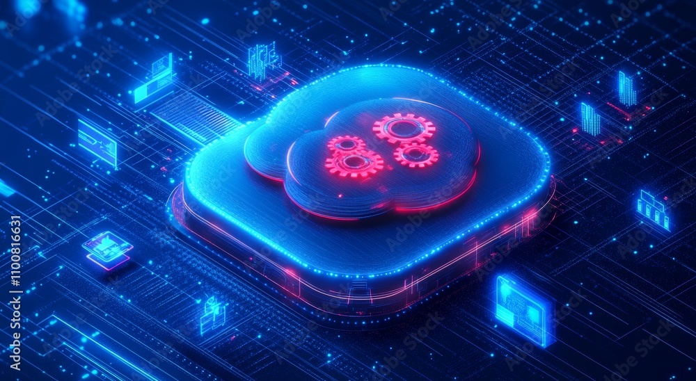 Poster futuristic cloud integration platform with red gears and blue grid background
