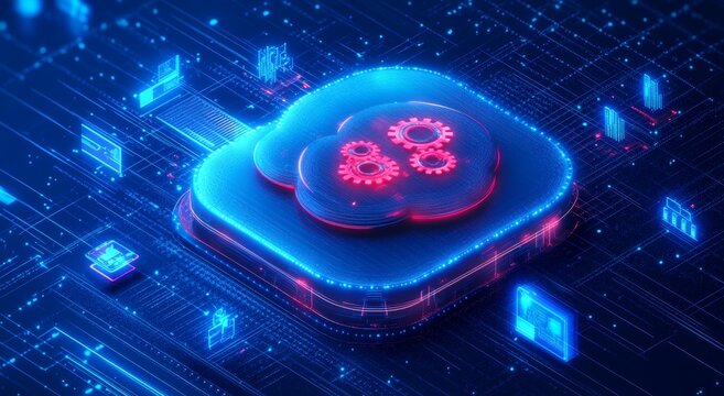 Futuristic Cloud Integration Platform with Red Gears and Blue Grid Background
