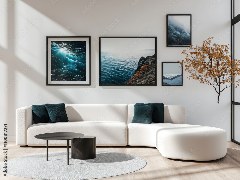 Aufkleber creating a minimalist gallery wall with black frames and rounded sofa forms in a bright morning atmo