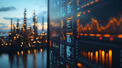 Fototapeta premium Close-up of a big data screen displaying oil and gas theme charts, graphs, and icons, with a blurred industrial factory background illuminated by blue hour lighting and bokeh effects.