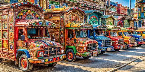 Vibrant Pakistani Truck Art Illustrated on Colorful Rickshaws Captured Through Drone Photography, Showcasing Cultural Heritage and Artistic Expression in Urban Settings