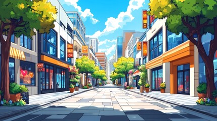Obraz premium Sunny day cityscape street scene with shops, trees, and pedestrians.